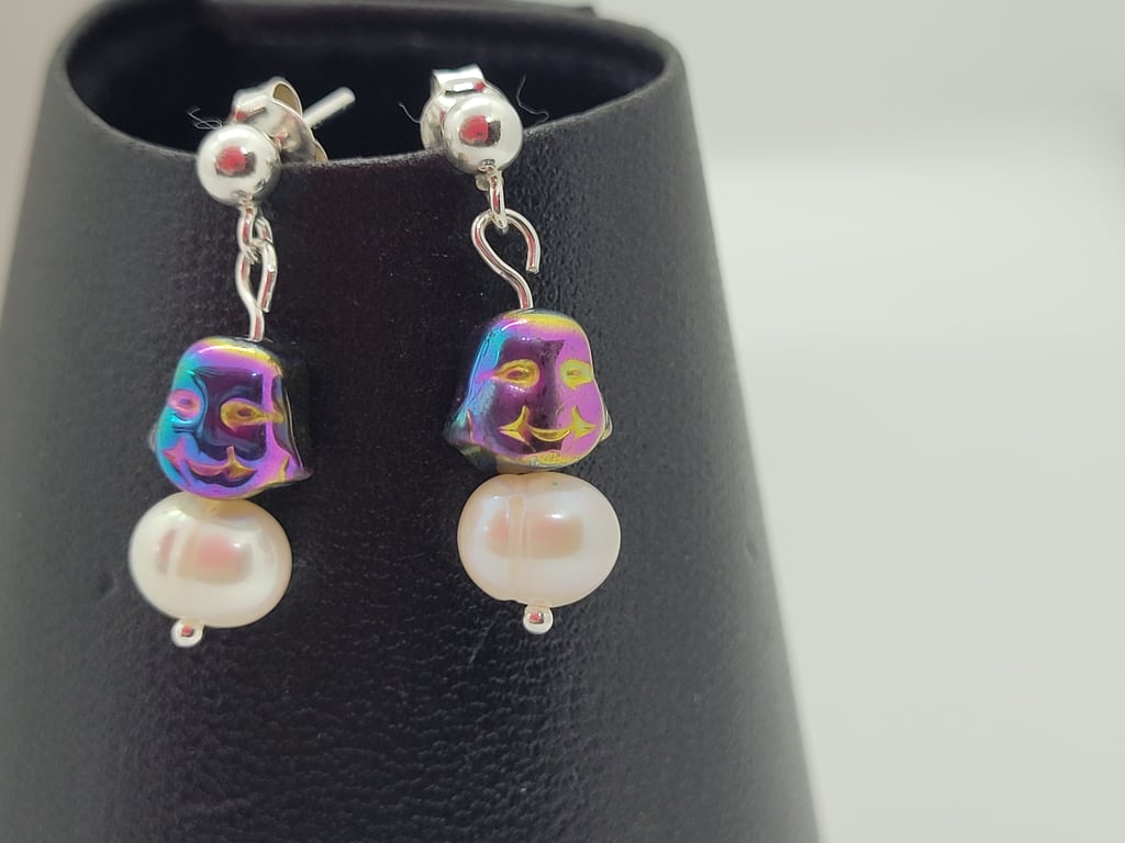 Haematite Buddha & Pearl Studs