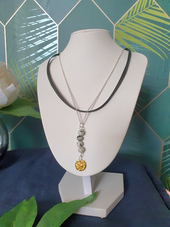 Kiwi sesame Jasper bead and faux vegan friendly leather sterling silver necklace