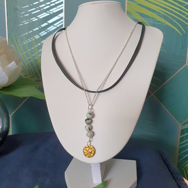 Kiwi sesame Jasper bead and faux vegan friendly leather sterling silver necklace