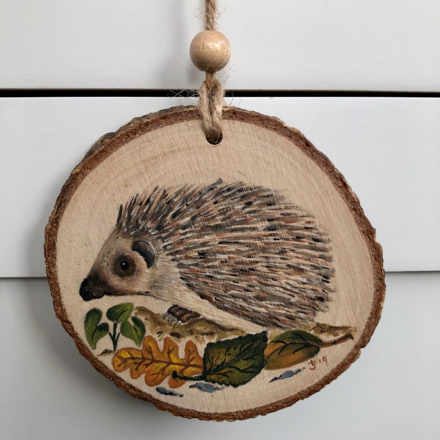 Hedgehog hand painted wood slice hanging decoration 