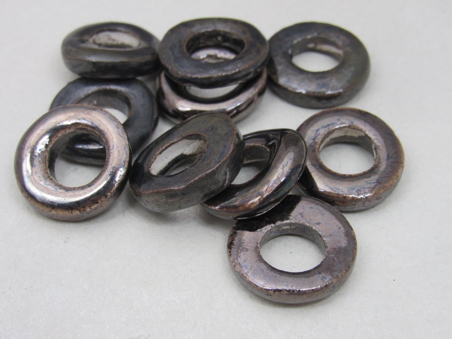 10 Medium Bronze Glazed Ceramic Donut Beads