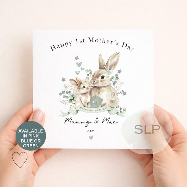 Personalised 1st Mother's Day Card Bunny Mummy & Baby Custom First Mother's Day 