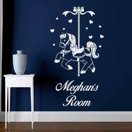 Personalised Name Carousel Horse Hearts Girls Deco Vinyl Wall Sticker Decal