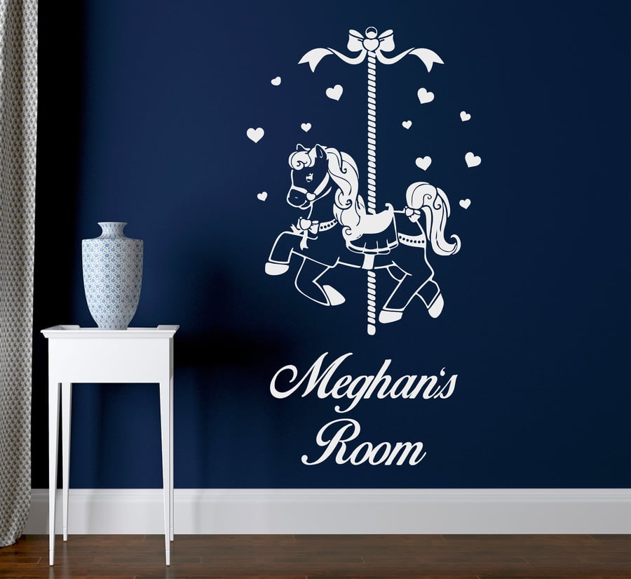 Personalised Name Carousel Horse Hearts Girls Deco Vinyl Wall Sticker Decal