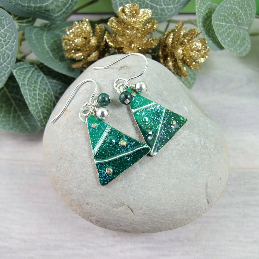 Christmas Earrings, Sterling Silver and Copper with Green Enamel