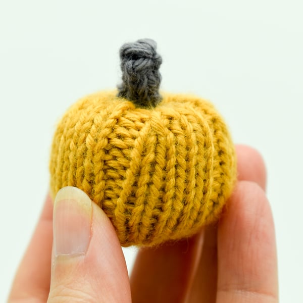 Hand knitted mini pumpkin pin cushion Grey and Ochre Yellow
