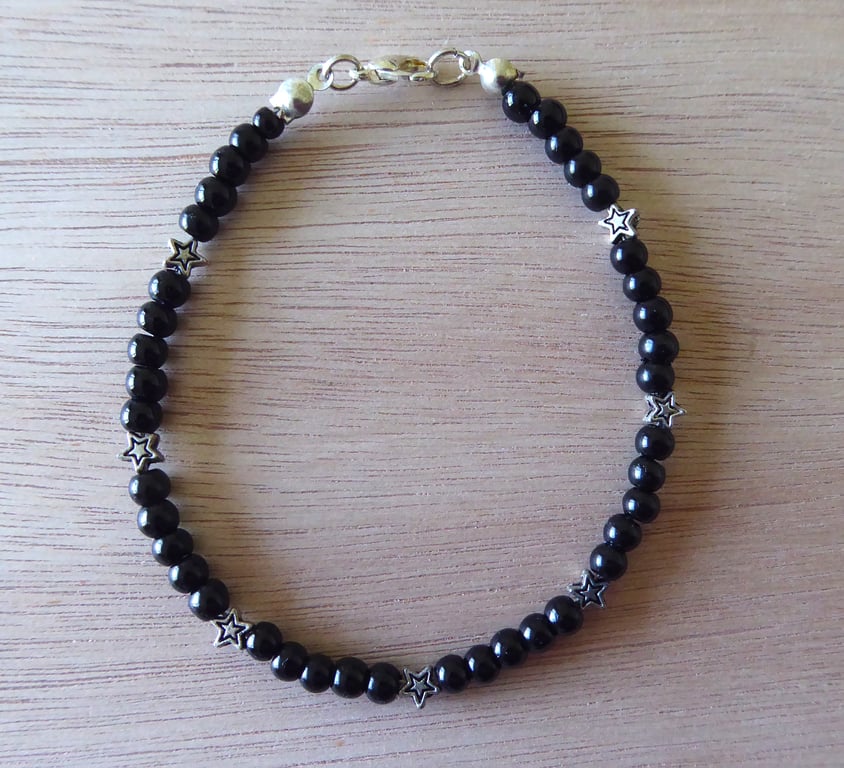 Delicate Black Bead Bracelet with Silver stars