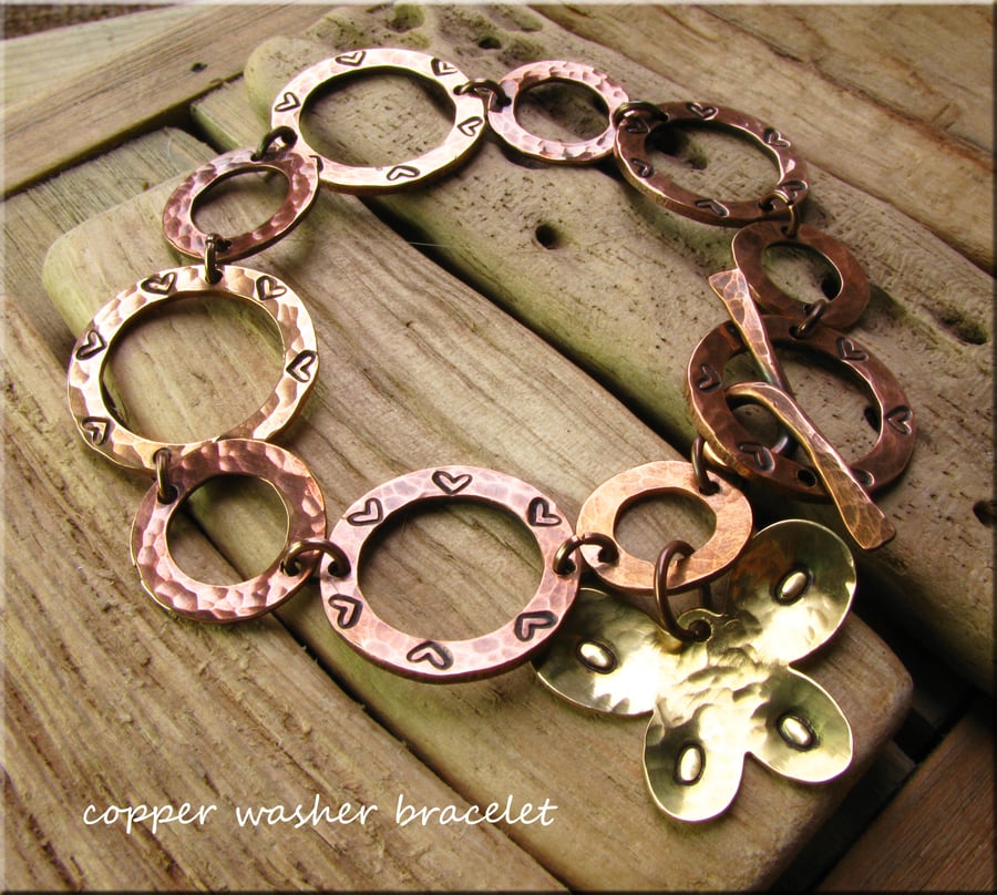 Copper washer textured stamped bracelet