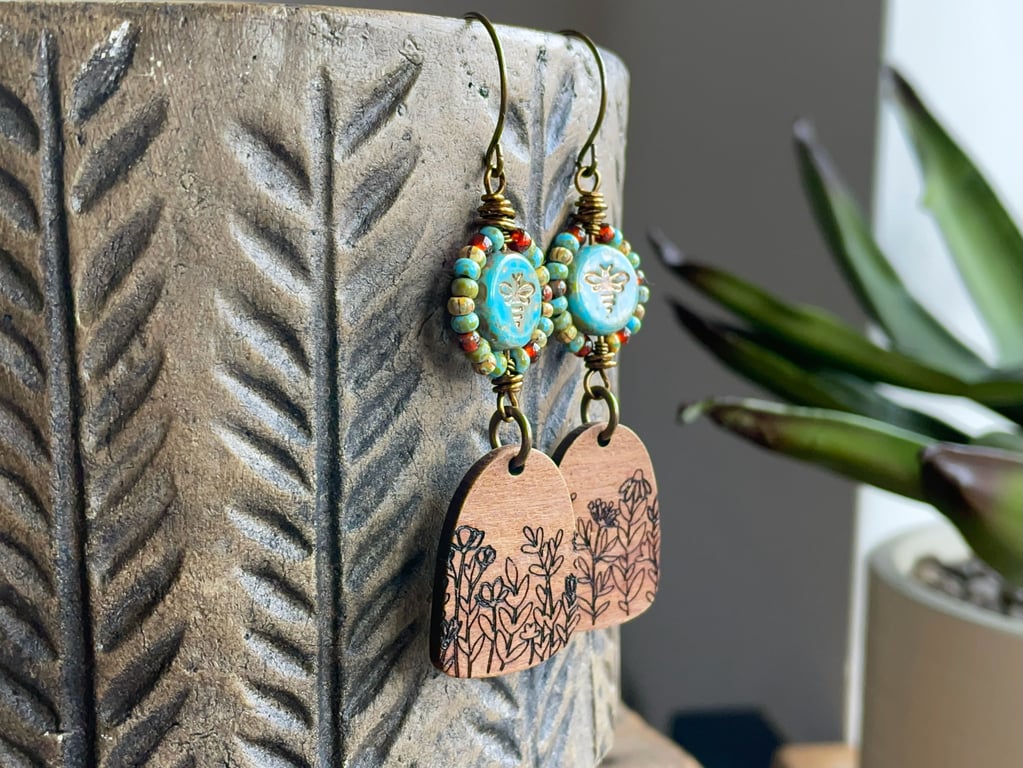 Bohemian Style Czech Glass Earrings with Rustic Wooden Wildflower Charms