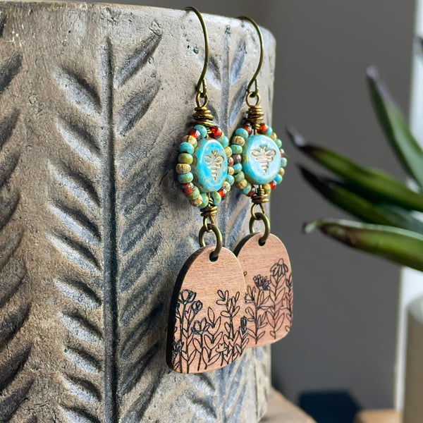 Bohemian Style Czech Glass Earrings with Rustic Wooden Wildflower Charms