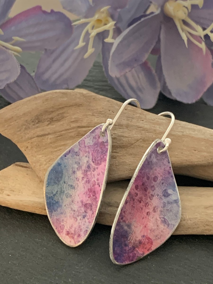 Printed Aluminium and sterling silver earrings -Blue, lilac and pink