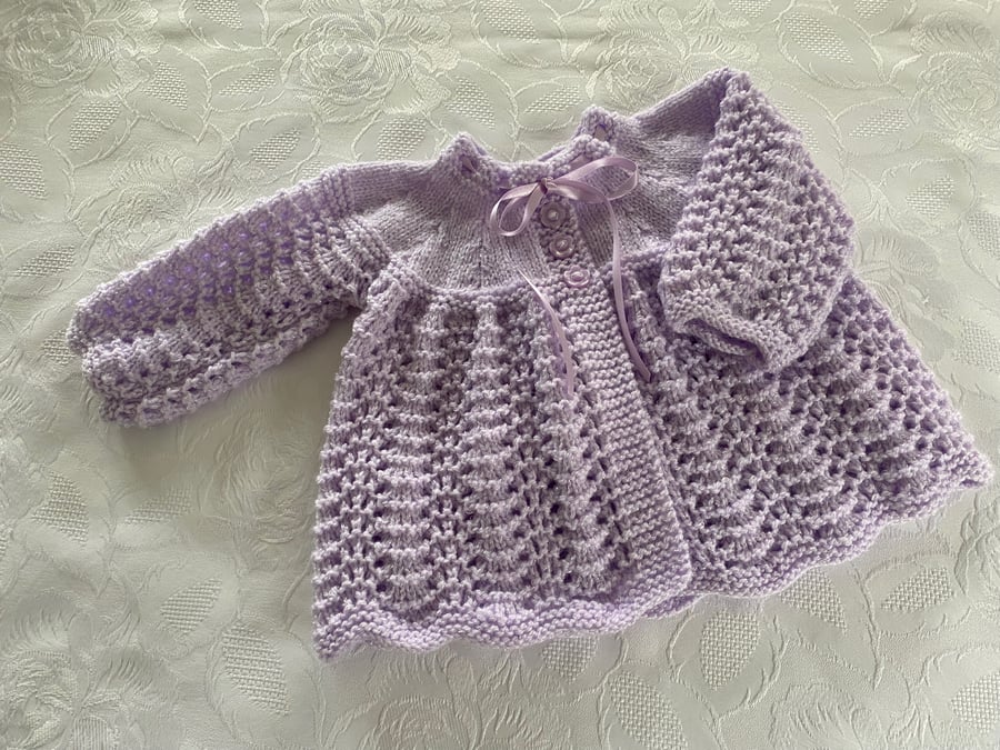 Hand Knitted  Lilac  Shimmer Matinee Coat Cardigan. Fits 0 - 3  Months 