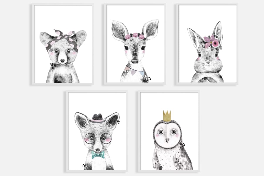 Watercolour forest animals nursery prints, woodland animals wall decor