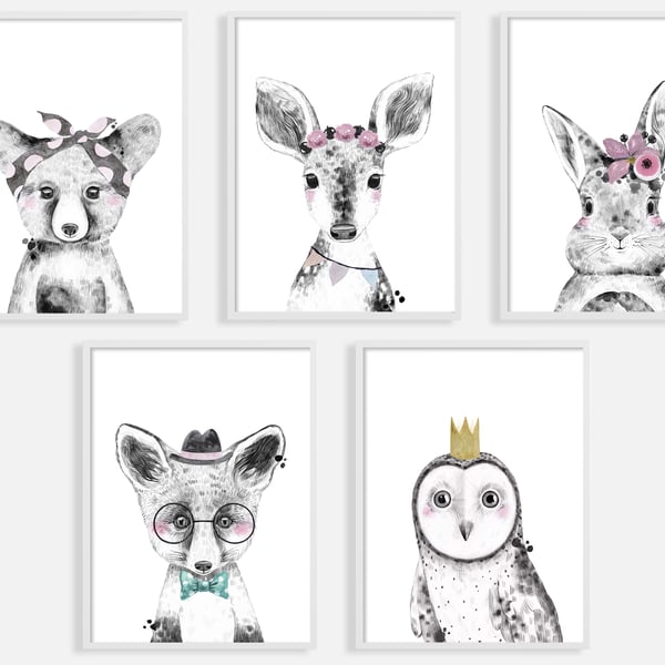 Watercolour forest animals nursery prints, woodland animals wall decor