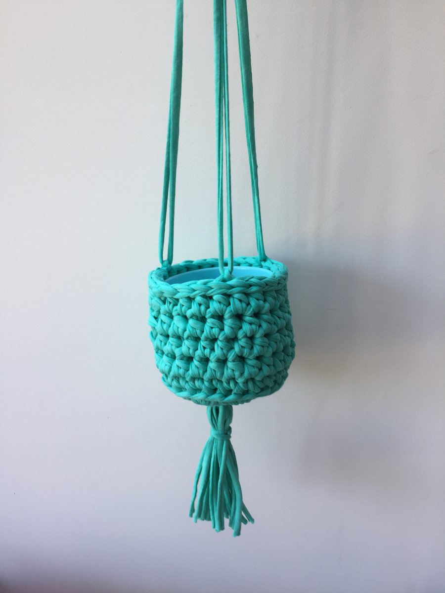 Crochet hanging planter - turquoise - free UK shipping