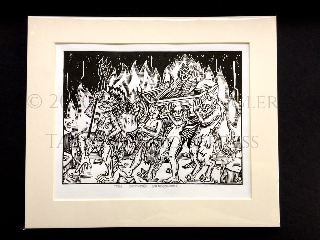 The Sinner's Procession - Original Limited Edition Lino Print - Black and White