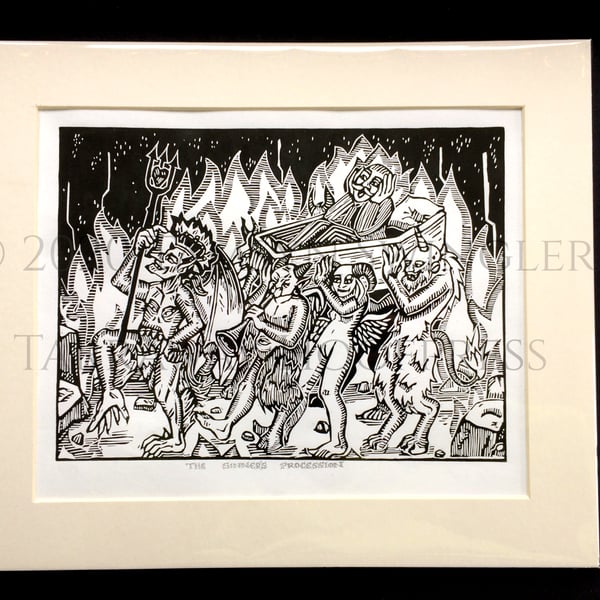 The Sinner's Procession - Original Limited Edition Lino Print - Black and White
