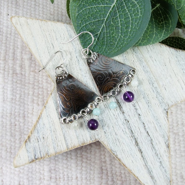 Earrings, Sterling Silver and Copper with Amethyst, Moonstone & Amazonite