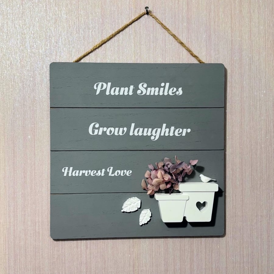 Handmade Wooden Garden Quote Plaque – Flower Pots, Bird & Floral Wall 