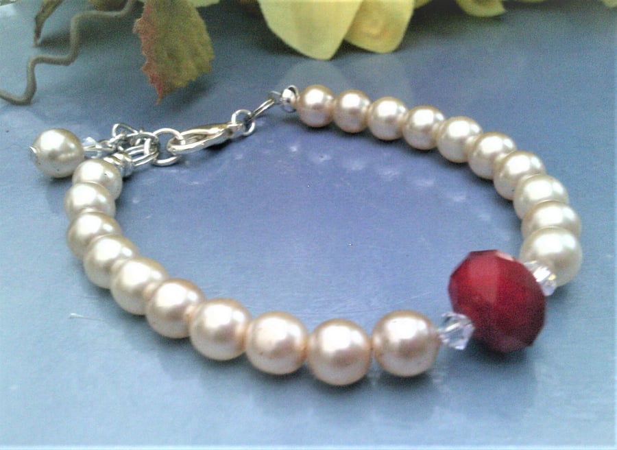 White Pearl and Red Crystal Bracelet, Bracelets for Women