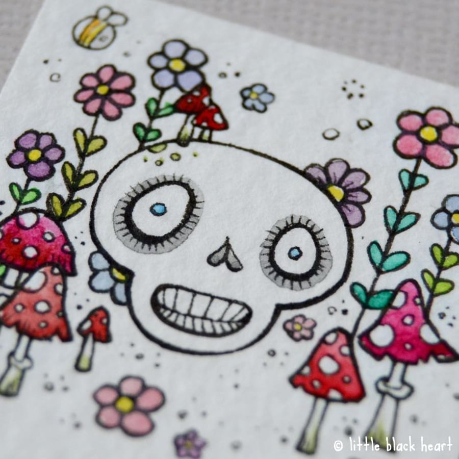 skull with toadstools - original miniature illustration