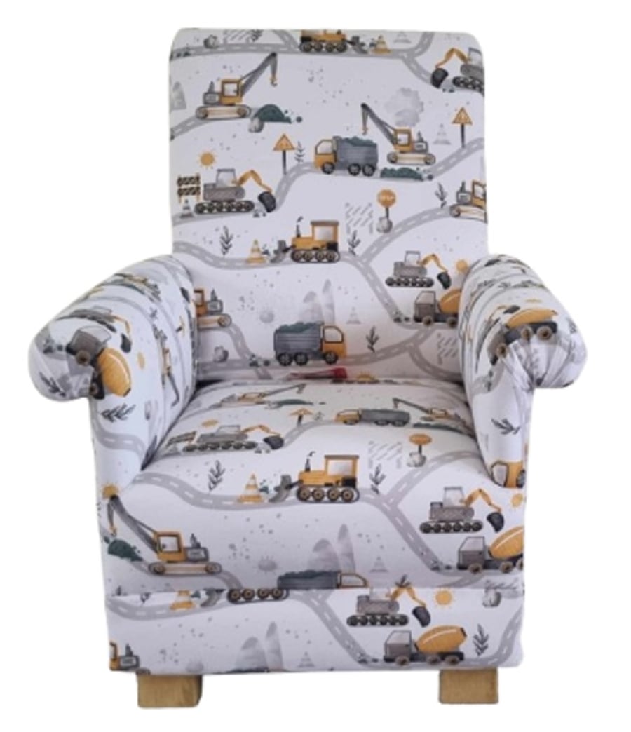 Child's Chair Trucks & Diggers Fabric Boys Armchair Lorry Builders Nursery Kids