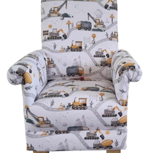 Child's Chair Trucks & Diggers Fabric Boys Armchair Lorry Builders Nursery Kids