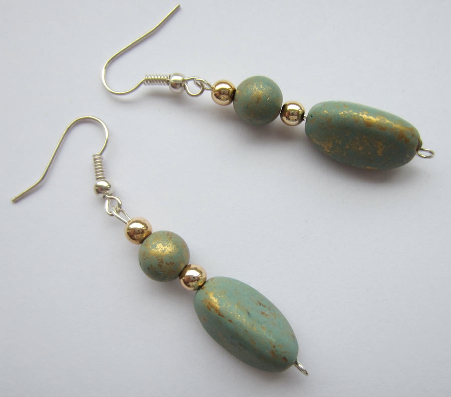 SALE Green and Gold Drop Bead Earrings