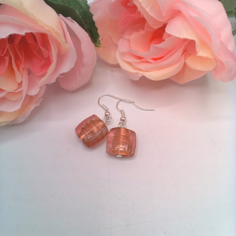 Earrings with a Raspberry Pink Square Bead, Gift for Her, Pink Square Earrings