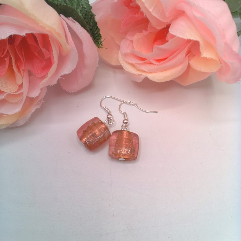 Earrings with a Raspberry Pink Square Bead, Gift for Her, Pink Square Earrings