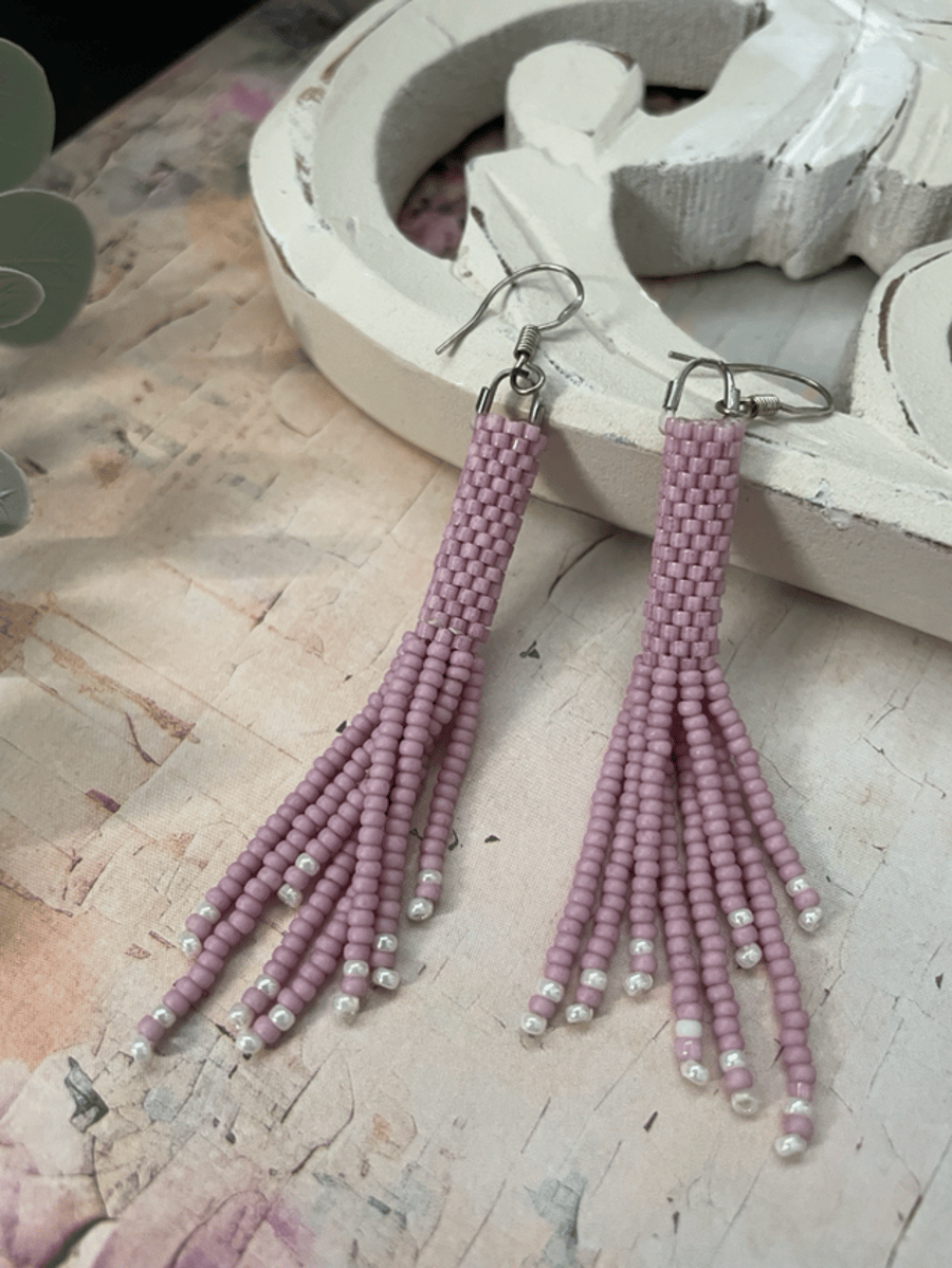 Pretty Pink dangle fringe boho hand beaded earrings, gift for her