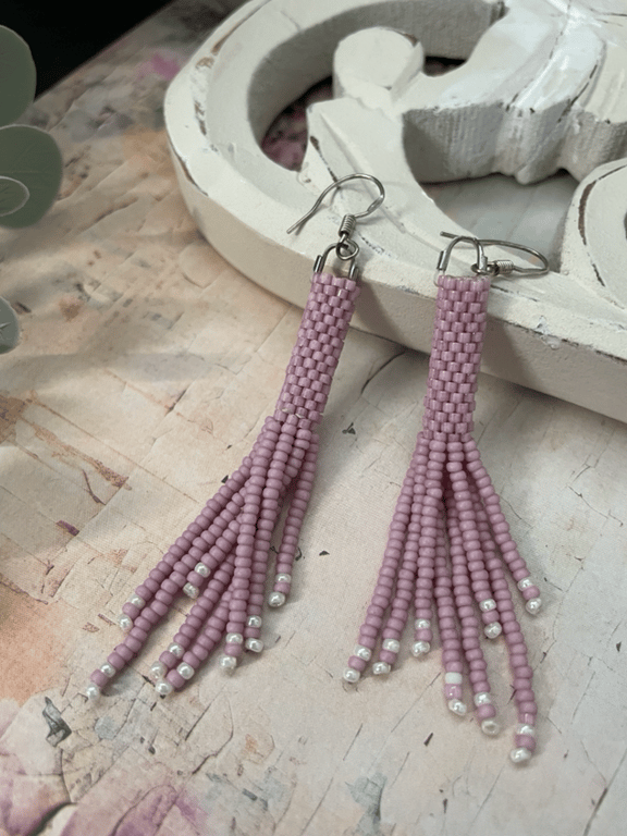 Pretty Pink dangle fringe boho hand beaded earrings, gift for her