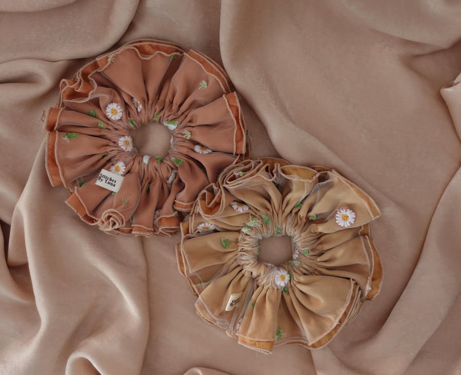 Gold Copper Satin Tulle Net XL Scrunchies, Lacey Ruffle Frill Scrunchies, Daisy 