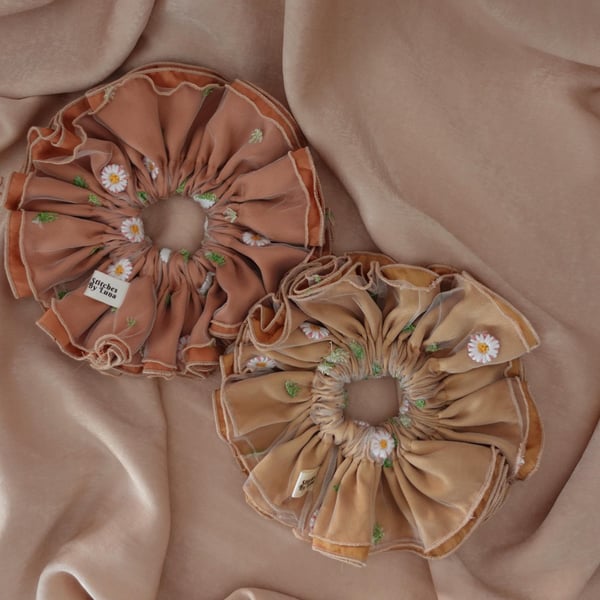Gold Copper Satin Tulle Net XL Scrunchies, Lacey Ruffle Frill Scrunchies, Daisy 