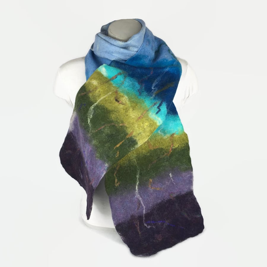 Felted wool scarf, multicoloured with silk embellishment
