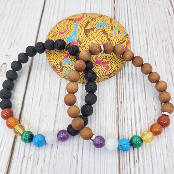 Set of Chakra Mala Bracelets for Couples, Sandalwood Mala Beads, Lava Rock Mala 