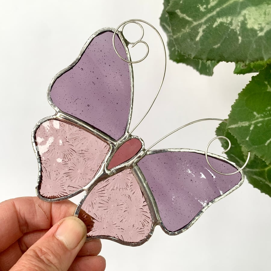 Stained Glass Butterfly Suncatcher - Handmade Decoration - Mauve and Pink