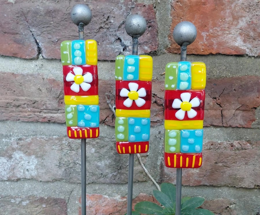 Multi Coloured Metal & Fused Glass Plant Stakes, Colourful Planter Decor