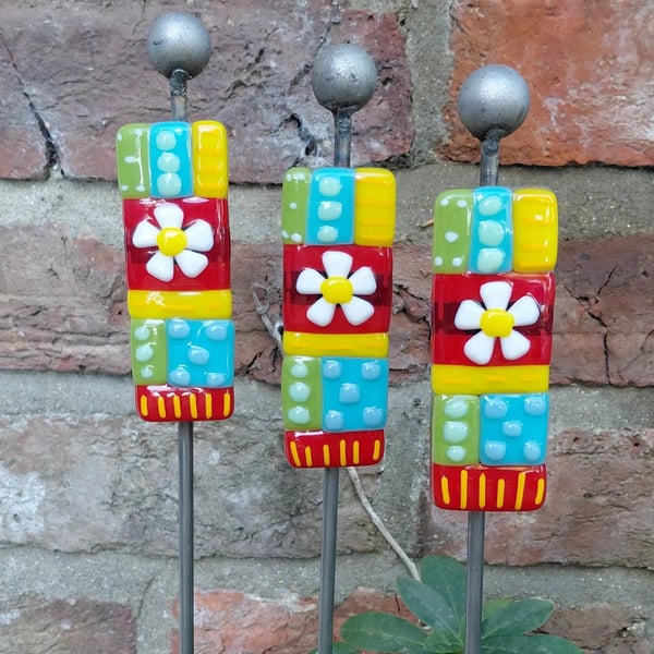 Multi Coloured Metal & Fused Glass Plant Stakes, Colourful Planter Decor