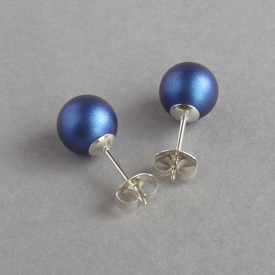8mm Royal Blue Pearl Stud Earrings - Round Dark Blue Glass Pearl Studs - Gifts