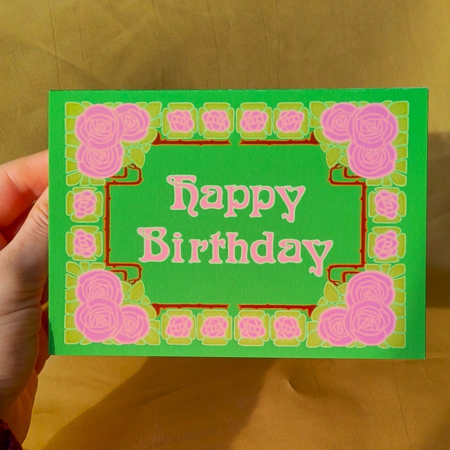 Art Nouveau Style Design Pink Rose Birthday Card