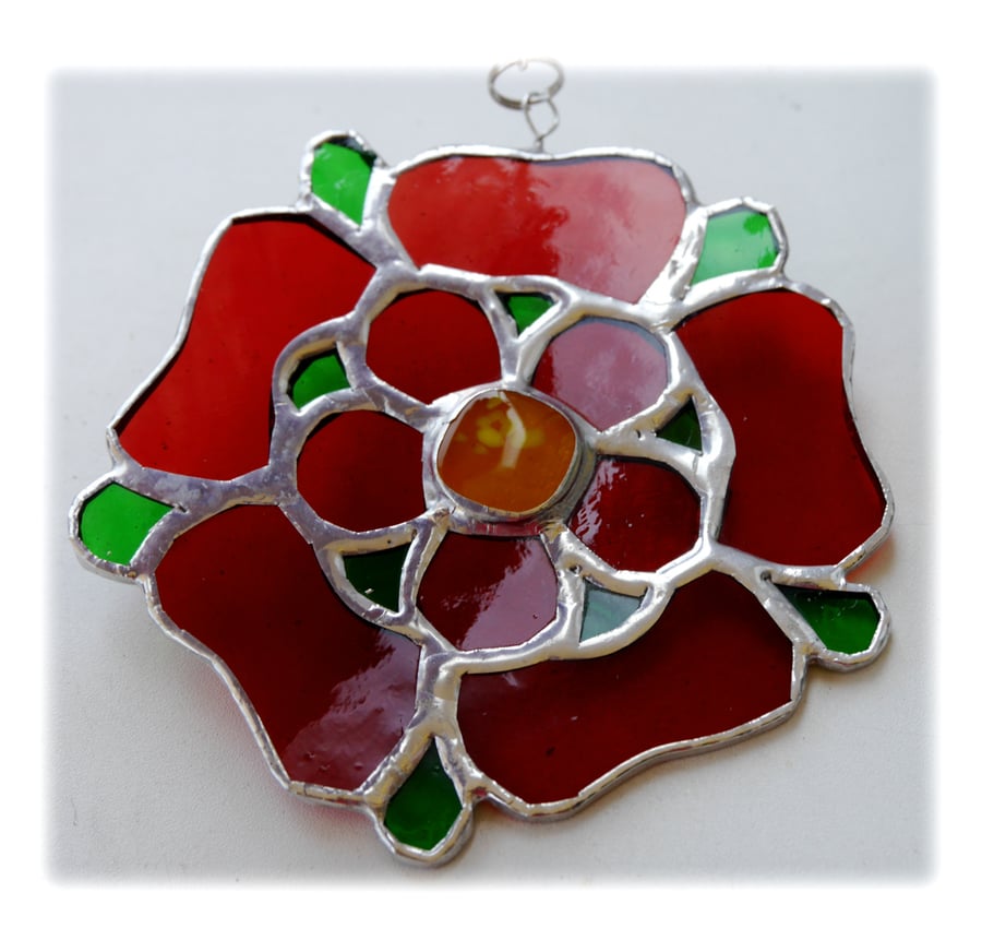 RESERVED Lancashire Rose Suncatcher Stained Glass Red Handmade 040