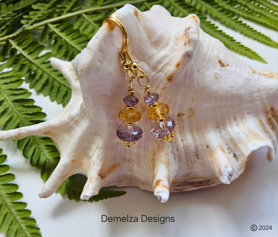 Amatrine Citrine & Amethyst Hand Made Gold Vermeil Earrings 