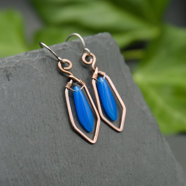 Hammered Copper Wire Earrings with Opaque Blue Glass Dagger Beads