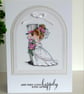 Wedding day card with cute bride and groom and pink flowers