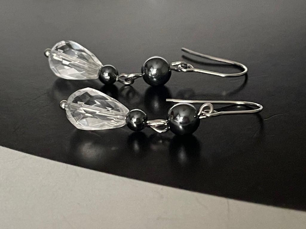 Teardrop Quartz Rock crystal and hematite gemstones dangling earrings