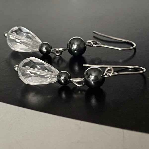 Teardrop Quartz Rock crystal and hematite gemstones dangling earrings