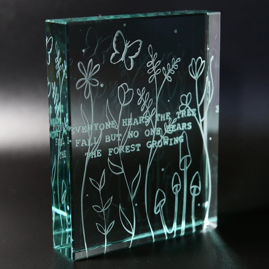 Plants and Forest Etched Glass Block With Motivational Quote