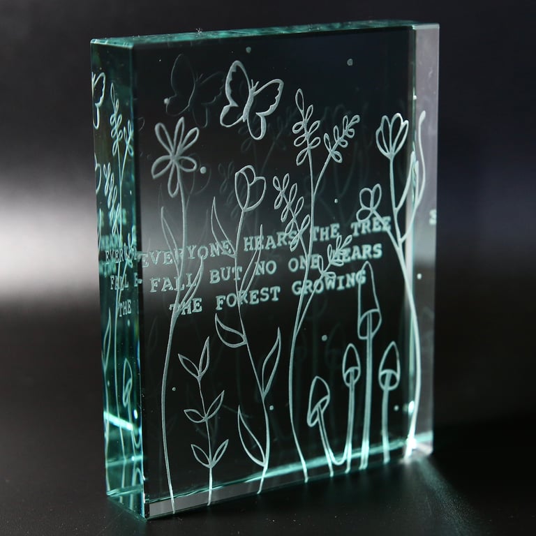 Plants and Forest Etched Glass Block With Motivational Quote
