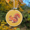 Red Squirrel mini hoop, handmade hanging decoration, embroidered